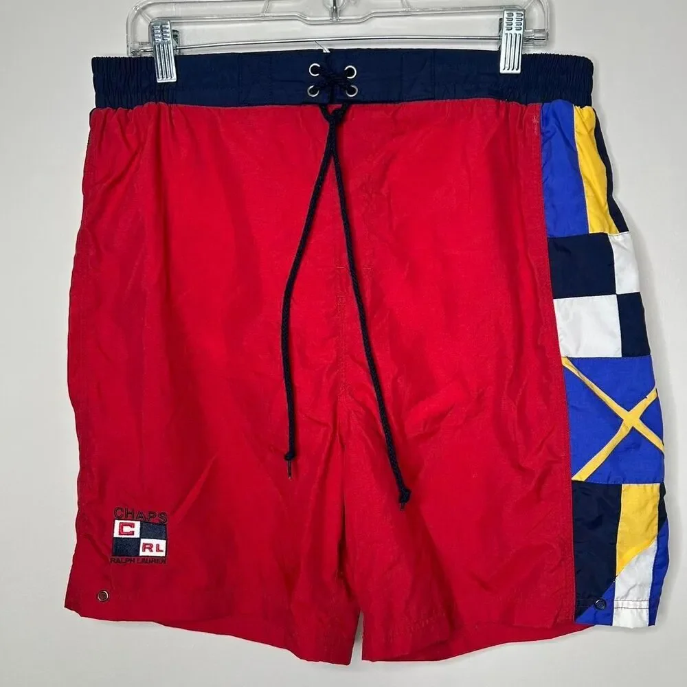 Vintage Ralph Lauren Chaps red swim trunks with navy blue, yellow, and white